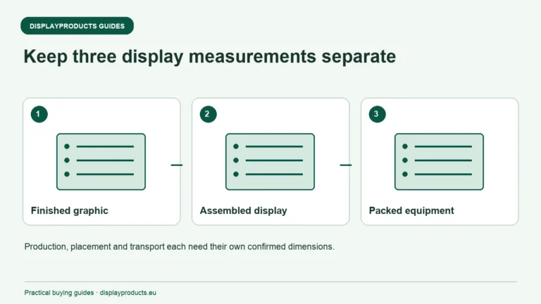 Keep three display measurements separate: Finished graphic, Assembled display, Packed equipment