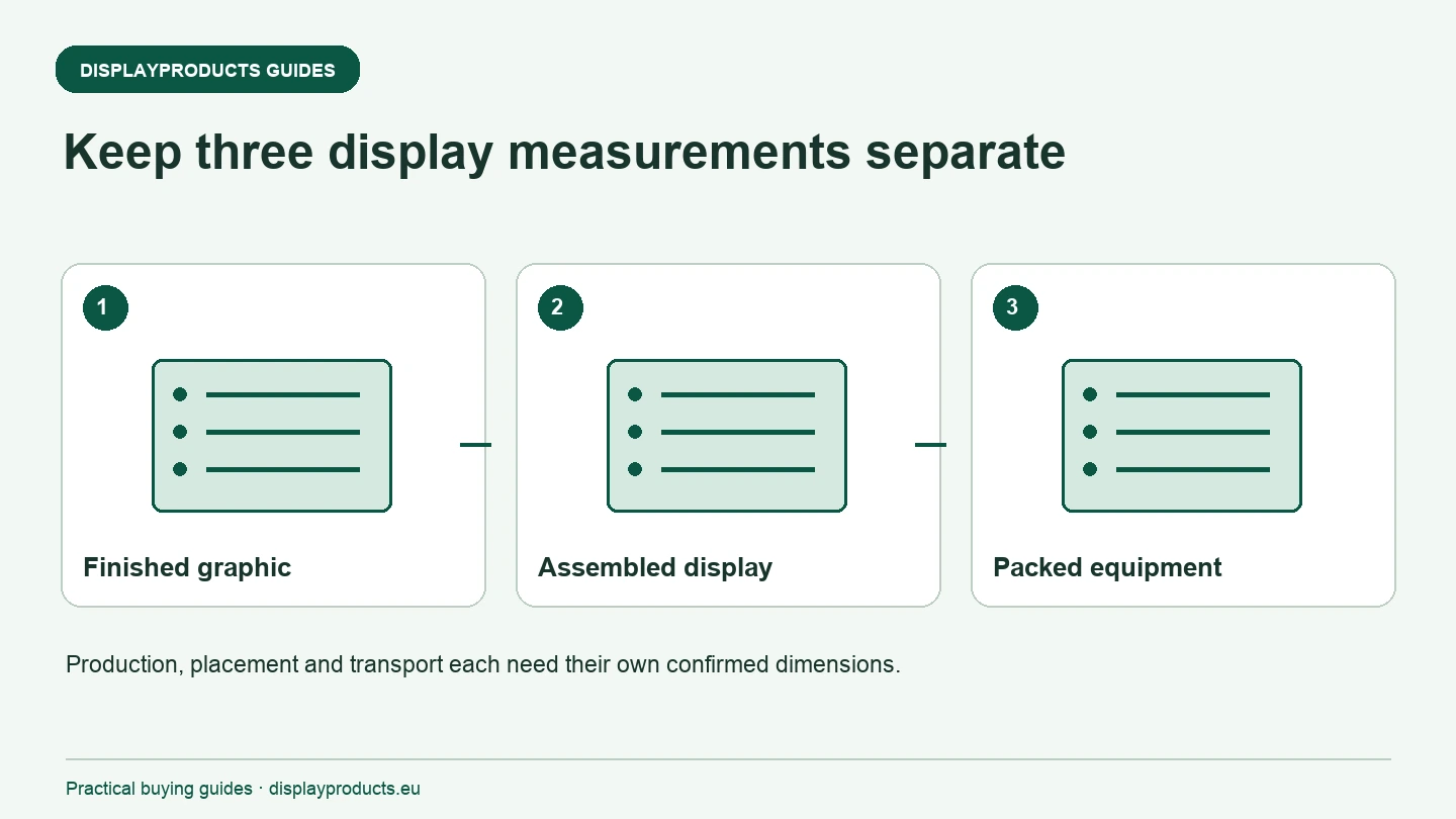 Hold tre displaymål adskilt: Færdig grafik, Samlet display, Pakket udstyr