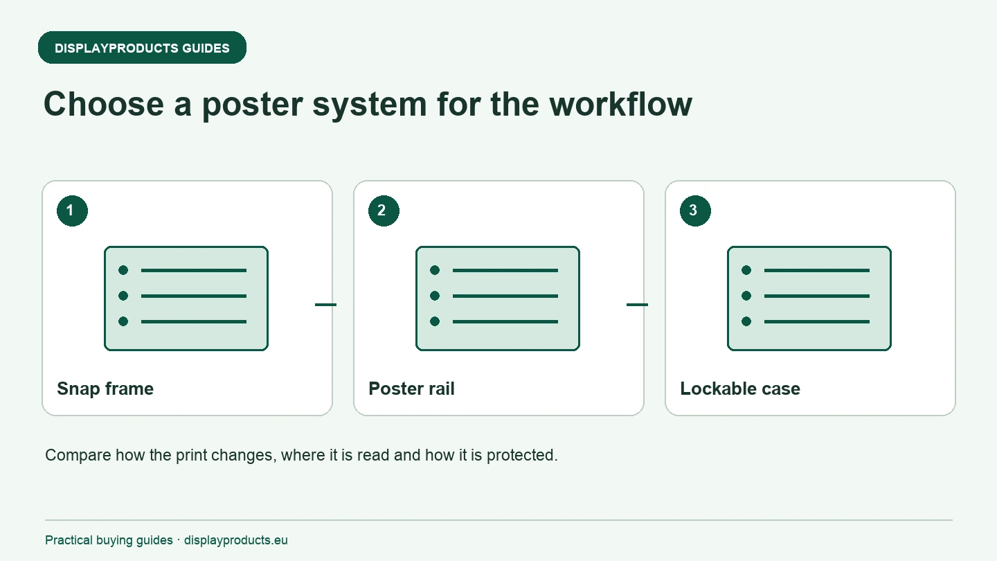 Scegli un sistema per poster adatto al tuo flusso di lavoro: cornice a scatto, binario per poster, custodia con serratura